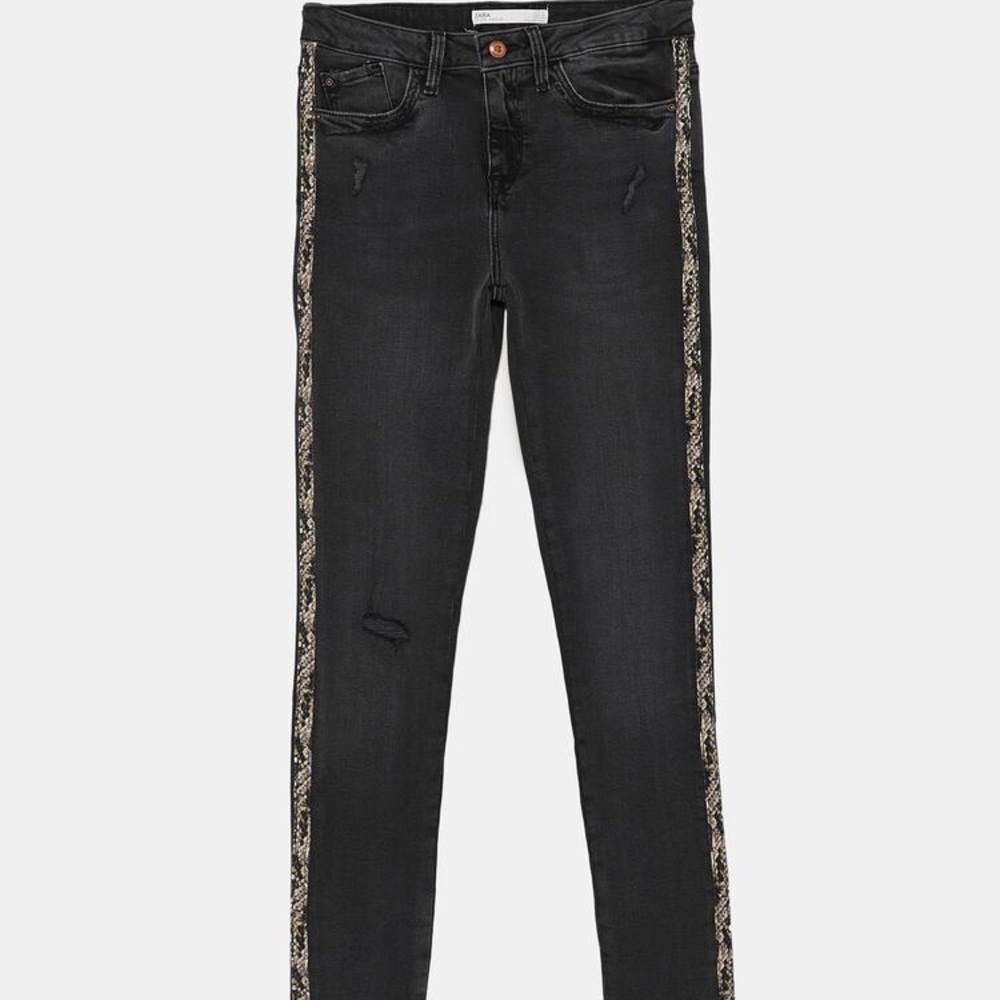Zara black skinny jeans w/ snakeskin side stripe